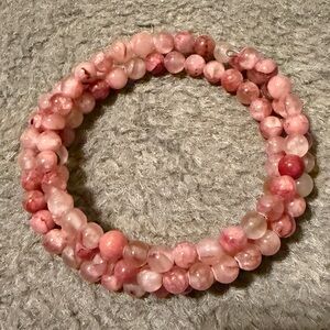Pink Beaded Spiral Wire Bracelet Marble Texture Heavy Statement Jewelry